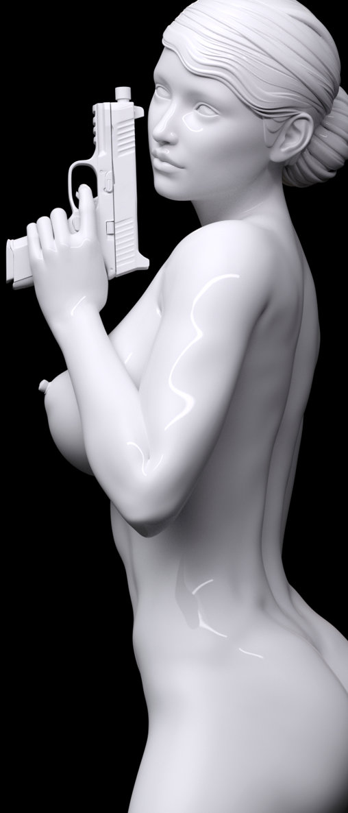 Enjoy in White: Gun-Girl Zarah, Statue von SPACEart