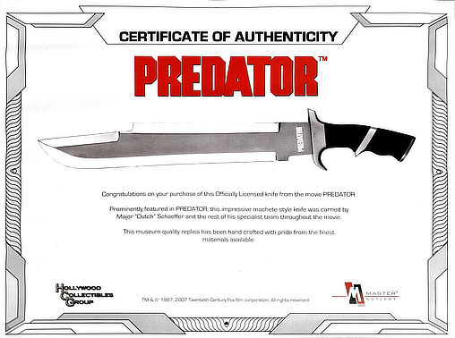 Predator 1: Dutch Schaefer Machete, Machete ... https://spaceart.de/produkte/pr013-predator-machete-hollywood-collectibles-group-master-cutlery.php